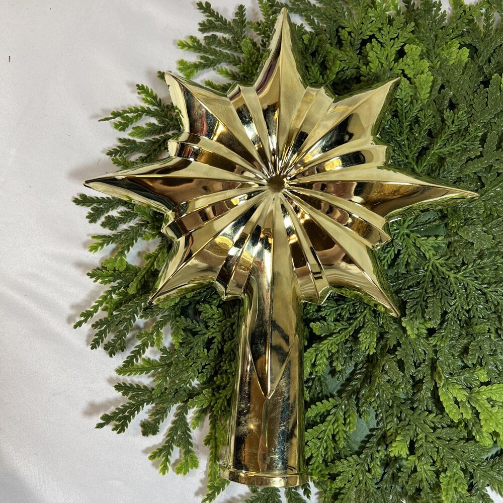 Vintage Polished Starburst Christmas Tree Topper Multi-Point Star Gold Metal 11”